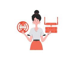 un mujer es participación un Internet cosa icono en su manos. enrutador y servidor. iot y automatización concepto. aislado. de moda plano estilo. vector ilustración.