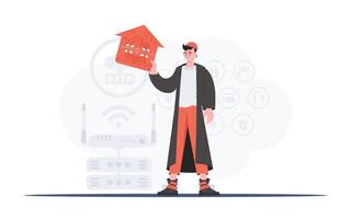 Internet of things concept. The man is depicted in full growth, holding the icon of the house in his hands. Good for presentations. Vector illustration in trendy flat style.