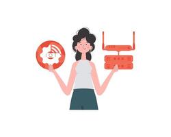 A woman holds the internet of things logo in her hands. Router and server. IoT concept. Isolated. illustration in trendy flat style. vector