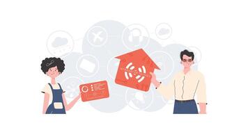 IoT concept. A man and a woman are a team in the field of the Internet of things. Good for presentations and websites. Trendy flat style. . vector