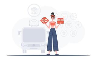 Internet de cosas y automatización concepto. un mujer es participación un Internet cosa icono en su manos. enrutador y servidor. bueno para sitios web y presentaciones vector ilustración en plano estilo.