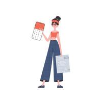 A woman holds a calculator and a tax form in her hands. Isolated on white background. Vector illustration.