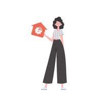 The woman is depicted in full growth, holding an icon of a house in her hands. Internet of things and automation concept. Vector illustration in trendy flat style.