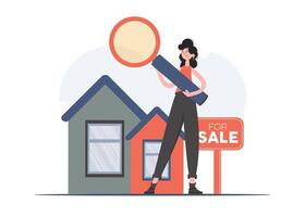 A woman stands in full growth looking for a house in the real estate market. Property search. Flat style. Element for presentations, sites. vector