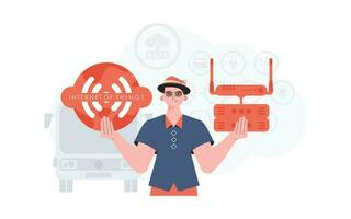 Internet of things and automation concept. A man is holding an internet thing icon in her hands. Router and server. Good for websites and presentations. Vector illustration in trendy flat style.