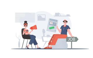 HR team. Girl with a mouthpiece. A man with a job test passed. The concept of finding employees. Vector illustration in a flat style.