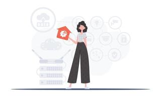 iot concepto. el mujer es representado en lleno crecimiento, participación un icono de un casa en su manos. bueno para sitios web y presentaciones vector ilustración en plano estilo.