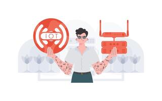 iot concepto. un hombre sostiene el Internet de cosas logo en su manos. enrutador y servidor. bueno para sitios web y presentaciones vector ilustración en plano estilo.