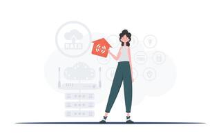 Internet of things concept. The woman is depicted in full growth, holding an icon of a house in her hands. Good for websites and presentations. Vector illustration in flat style.