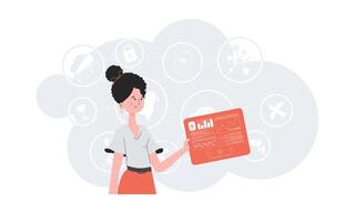 Internet of Things Concept. A woman holds a panel with analyzers and indicators in her hands. Good for websites and presentations. illustration. vector