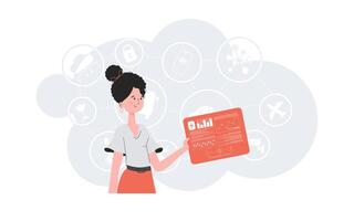 Internet de cosas concepto. un mujer sostiene un panel con analizadores y indicadores en su manos. bueno para sitios web y presentaciones vector ilustración.