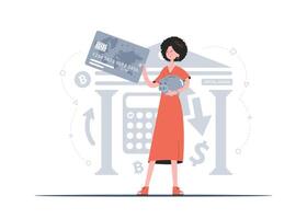 A woman stands in full growth with a piggy bank. Accumulation. Flat style. Element for presentations, sites. vector