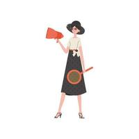 A woman stands in full growth with a magnifying glass and a loudspeaker in her hands. Isolated. Element for presentation. vector