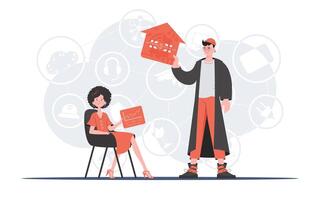 Internet de cosas concepto. un hombre y un mujer son un equipo en el campo de el Internet de cosas. bueno para presentaciones y sitios web vector ilustración en de moda plano estilo.