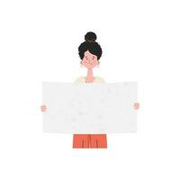 A woman stands waist-deep and holds a blank sheet in her hands. Isolated. Flat style. Element for presentations, sites. vector