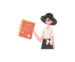 The woman is holding a contract in her hands. The character is depicted to the waist. Isolated on white background. Vector illustration.