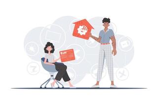 Internet of things concept. A man and a woman are a team in the field of the Internet of things. Good for websites and presentations. Vector illustration in trendy flat style.