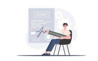 A man sits in a chair and signs a contract. Partnership. Element for presentation. vector