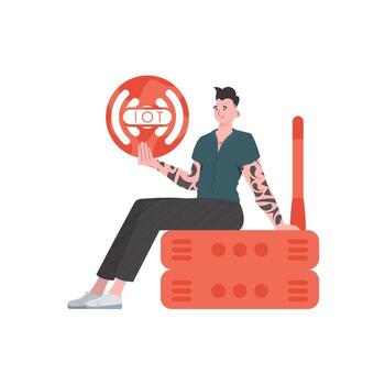 A man holds an internet thing icon in his hands. Router and server. IOT and automation concept. Isolated. illustration in flat style. vector