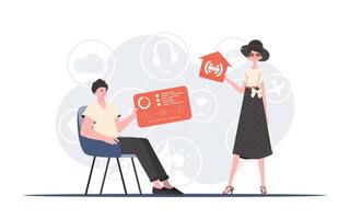 Internet of things concept. The girl and the guy are a team in the field of Internet of things. Good for websites and presentations. Trendy flat style. . vector