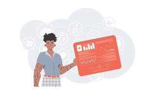 Internet of things concept. A man holds a panel with analyzers and indicators in his hands. Good for websites and presentations. Trendy flat style. . vector
