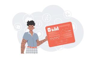 Internet de cosas concepto. un hombre sostiene un panel con analizadores y indicadores en su manos. bueno para sitios web y presentaciones de moda plano estilo. vector. vector