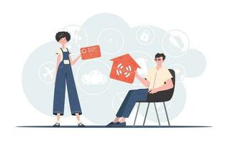 Internet of things concept. The girl and the guy are a team in the field of Internet of things. Good for websites and presentations. Trendy flat style. Vector. vector
