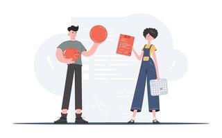 A man and a woman stand in full growth holding a coin and a tax declaration form. Payment of taxes. Element for presentation. vector