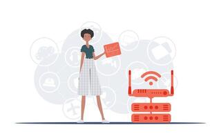 iot y automatización concepto. un mujer sostiene un panel con analizadores y indicadores en su manos. bueno para sitios web y presentaciones vector ilustración.