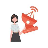 Internet of things concept. A woman holds a satellite dish in her hands. Isolated on white background. Trendy flat style. Vector illustration.