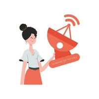 IoT concept. A woman holds a satellite dish in her hands. Isolated. Vector illustration in flat style.