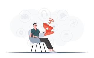 A man holds a satellite dish in his hands. Internet of things and automation concept. Good for presentations, websites and typography. Vector illustration in flat style.