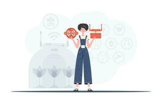 Internet of things and automation concept. A woman is holding an internet thing icon in her hands. Router and server. Good for websites and presentations. Vector illustration in trendy flat style.
