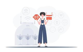 Internet de cosas y automatización concepto. un mujer es participación un Internet cosa icono en su manos. enrutador y servidor. bueno para sitios web y presentaciones vector ilustración en de moda plano estilo.