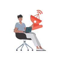 IoT concept. The guy is holding a satellite dish in his hands. Isolated on white background. illustration in flat style. vector
