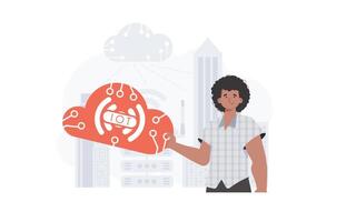 The guy is holding an internet thing icon in his hands. Internet of things and automation concept. Good for websites and presentations. Vector illustration in trendy flat style.