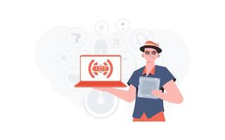 The guy holds a laptop and a processor chip in his hands. Internet of things concept. Vector illustration in flat style.