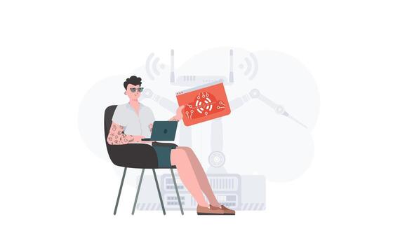 el chico es participación un Internet cosa icono en su manos. iot concepto. bueno para presentaciones y sitios web vector ilustración en de moda plano estilo.