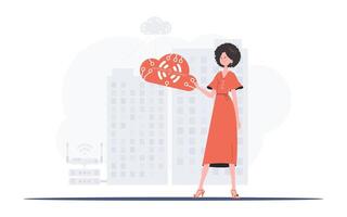 un mujer es participación un Internet cosa icono en su manos. iot y automatización concepto. bueno para presentaciones y sitios web vector ilustración.