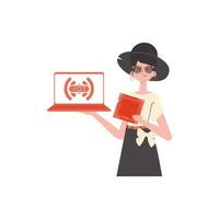 A woman holds a laptop and a processor chip in her hands. IoT concept. Isolated. Trendy flat style. Vector illustration.