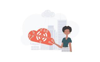 A woman is holding an internet thing icon in her hands. Internet of things and automation concept. Good for presentations and websites. Vector illustration in trendy flat style.