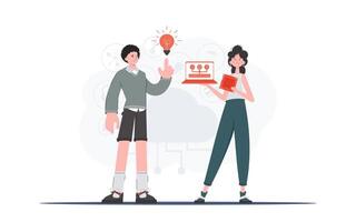 The girl and the guy are a team in the field of Internet of things. Internet of things concept. Good for websites and presentations. Trendy flat style. . vector