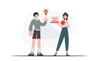 The girl and the guy are a team in the field of Internet of things. Internet of things concept. Good for websites and presentations. Trendy flat style. Vector. vector