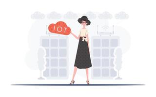 A woman is holding an internet thing icon in her hands. IoT concept. Good for websites and presentations. illustration. vector