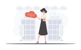 A woman is holding an internet thing icon in her hands. IoT concept. Good for websites and presentations. Vector illustration.