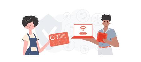 A man and a woman are a team in the field of the Internet of things. IoT concept. Good for presentations and websites. Trendy flat style. . vector