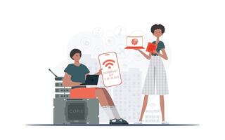 IoT concept. The girl and the guy are a team in the field of Internet of things. Good for websites and presentations. Trendy flat style. Vector. vector