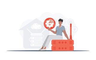 IoT concept. A man is holding an internet thing icon in her hands. Router and server. Good for presentations and websites. Trendy flat style. Vector illustration.