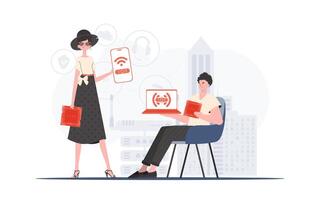 IOT and automation concept. The girl and the guy are a team in the field of Internet of things. Good for presentations and websites. Vector illustration in trendy flat style.