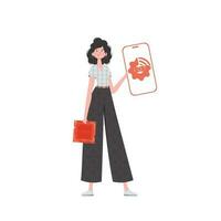 un mujer sostiene un teléfono con el iot logo en su manos. Internet de cosas y automatización concepto. vector ilustración en de moda plano estilo.